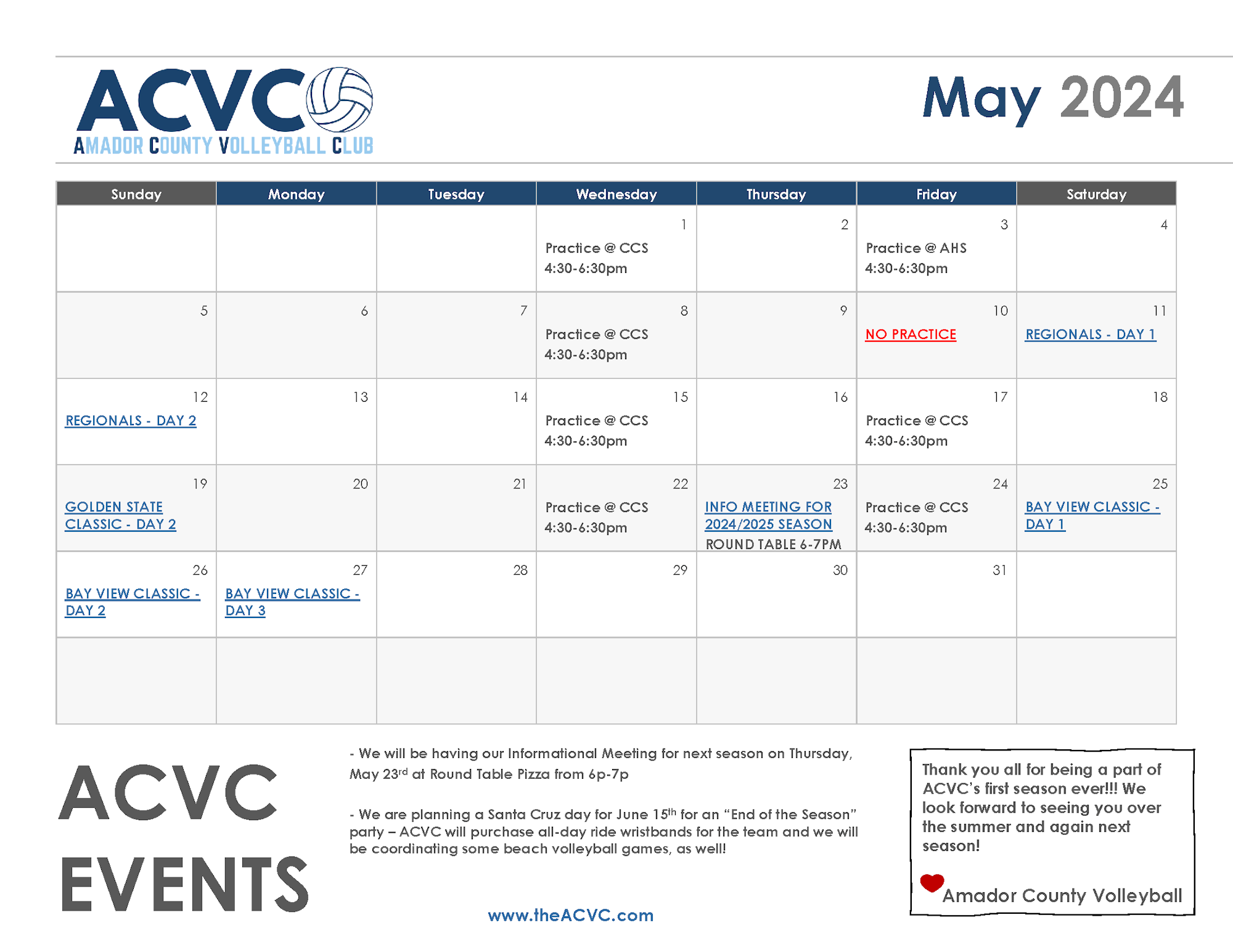Printable Monthly Calendars Amador County Volleyball Club